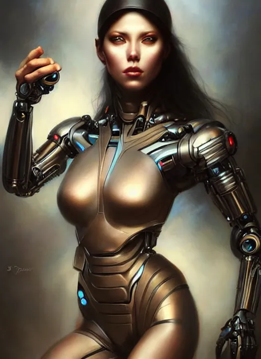 Prompt: a beautiful woman with cybernetic muscles, painted by artgerm and tom bagshaw, fantasy art, dramatic lighting, highly detailed oil painting