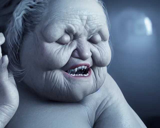 Image similar to of a very beautiful scene. ambient occlusion render. a sweet fat old woman is giving birth to her self as a sweet baby. hyper realistic. 4 k. wide angle. wild. symmetrical face, red mouth, blue eyes. deep focus, lovely scene. ambient occlusion render. concept art. unreal engine.