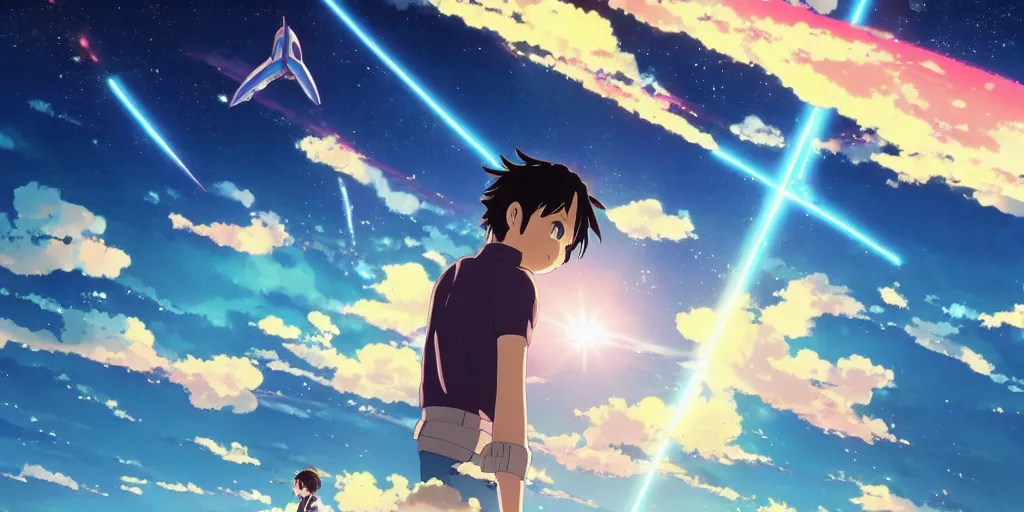 Prompt: a stunning frame from the anime kimi no na wa your name, the girl looks at the city before the end and big sci - fi spaceship, in the sky there is a huge detailed spaceship. 4 k, hd