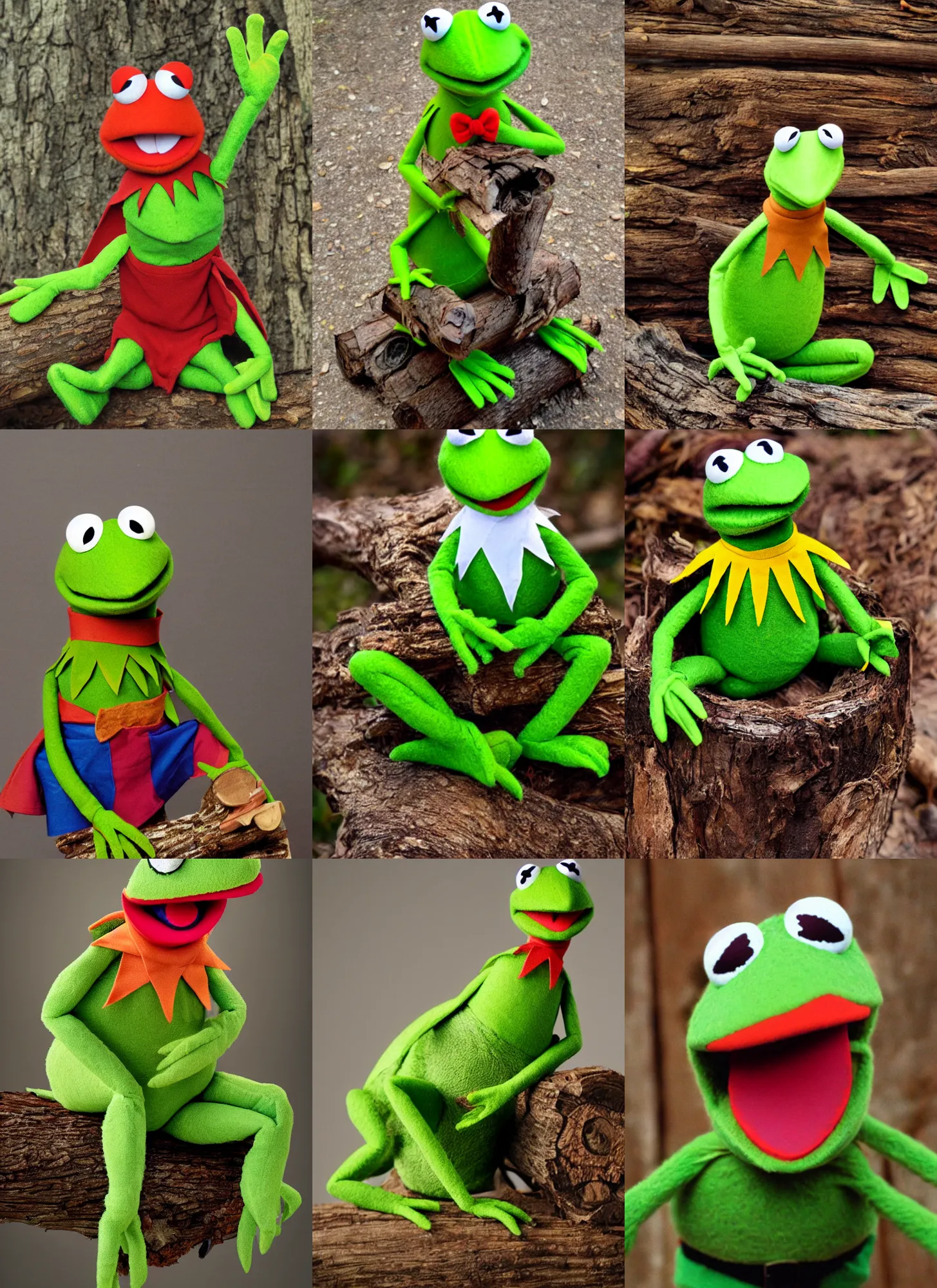 Prompt: portrait of kermit the frog sitting on a log, puppet, muppet, the muppets, jim henson, kermit