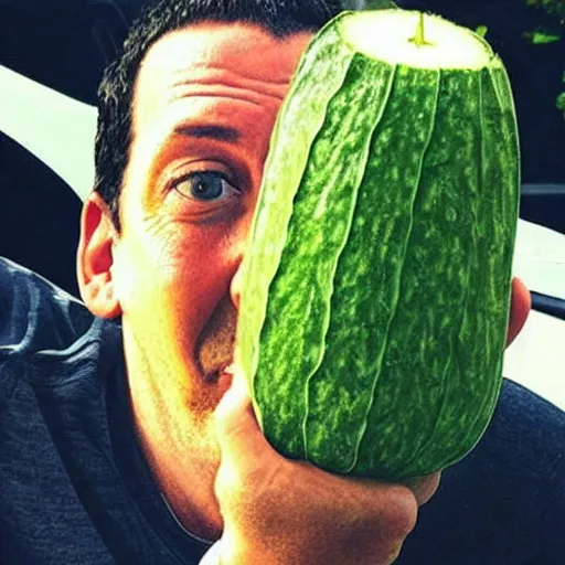 Prompt: “ adam sandler slowly morphing into a cucumber ”