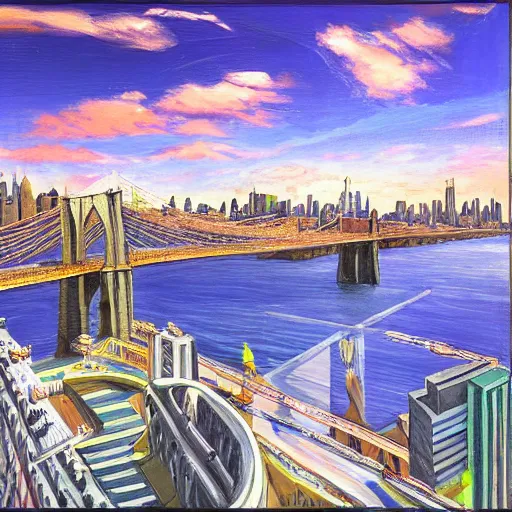 Prompt: symbolic view along the brooklyn bridge, by joseph stella