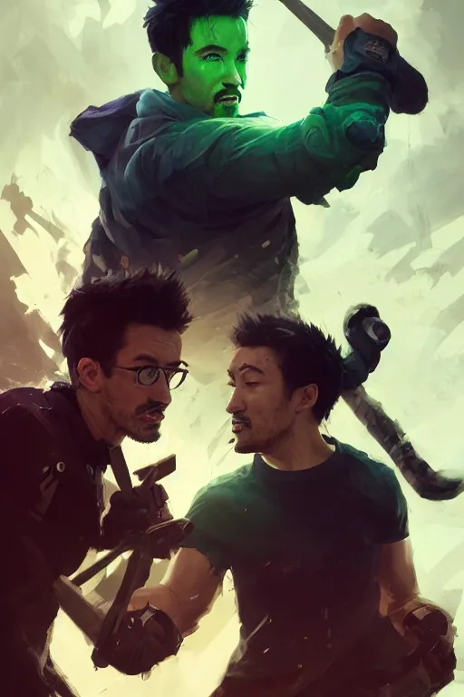 Prompt: a portrait of jacksepticeye Vs Markiplier by Greg Rutkowski, Sung Choi, Mitchell Mohrhauser, Maciej Kuciara, Johnson Ting, Maxim Verehin, Peter Konig, final fantasy , 8k photorealistic, cinematic lighting, HD, high details, atmospheric , trending on artstation