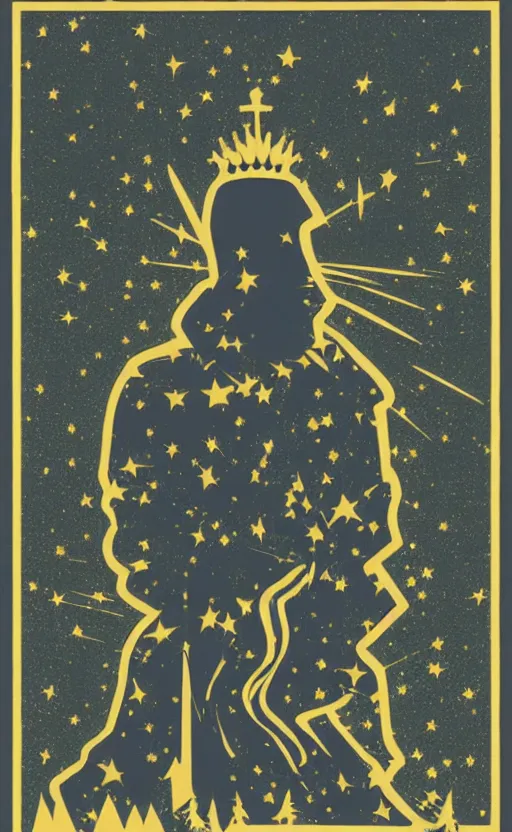 Prompt: a glowing crown, silhouette with hood under a sky full of stars in a forest in england, sunburst, sense of longing, rule of thirds, clever design, decorative modern graphic design collage border, by hannah hoch and jesse treece and christian jackson and josh brill