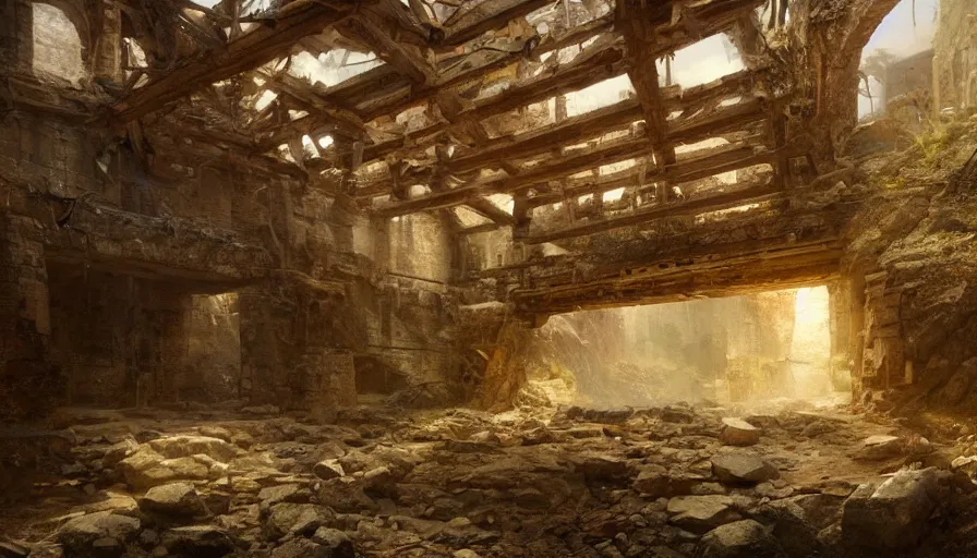 Image similar to a beautiful painting of of an old abandoned 1 8 0 0's century gold mineshaft with exposed beams by greg rutkowski and kalin popov, trending on artstation, masterpiece,