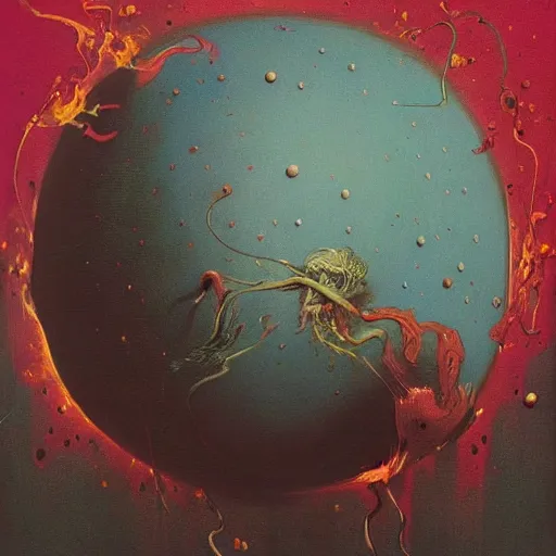 Image similar to a sphere being devoured by abstract splatters of paint in the style of francis bacon, venus being engulfed in flames in the style of james jean, surreal, beksinski, high detailed