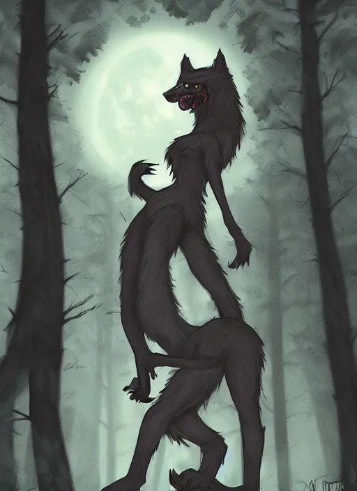 Image similar to werewolf girl in a dark forest, anthropomorphic, sharp teeth, trending on artstation