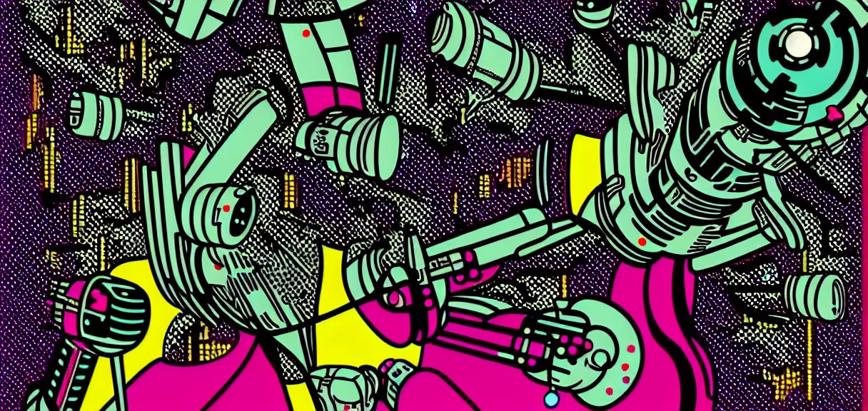 Image similar to ⚠ 👽 💉 ☠ 💢 😱 futuristic japanese cyberpunk by roy lichtenstein, by andy warhol, ben - day dots, pop art, bladerunner, pixiv contest winner, cyberpunk style, cyberpunk color scheme, mechanical, high resolution, hd, intricate detail, fine detail, 8 k