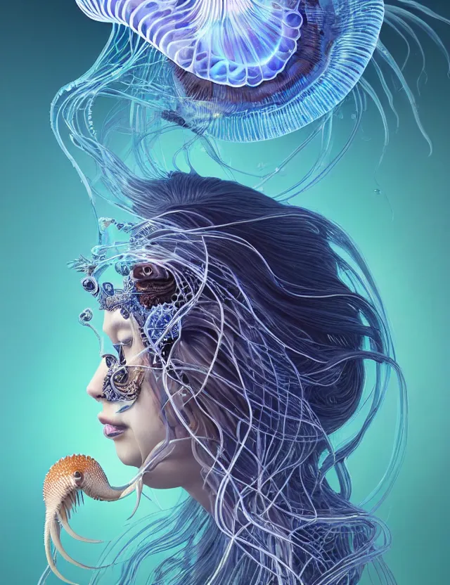 Image similar to 3 d goddess jellyfish half - turn portrait with long hair with ram skull. beautiful intricately detailed japanese crow kitsune mask and clasical japanese kimono. betta fish, jellyfish phoenix, bio luminescent, plasma, ice, water, wind, creature, artwork by tooth wu and wlop and beeple and greg rutkowski