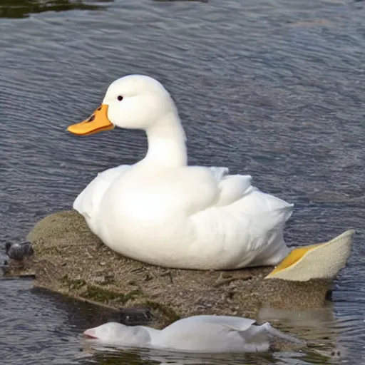 Prompt: a white duck, causing a havoc