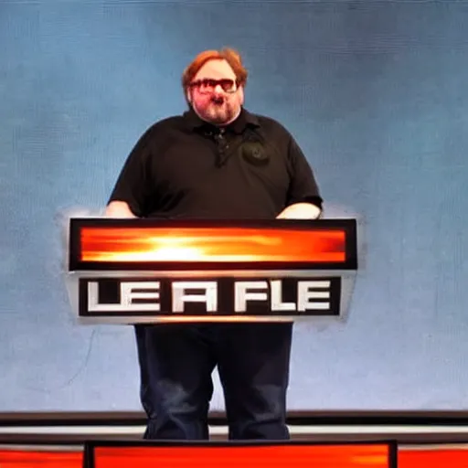 Prompt: gabe newell on stage presenting half life 3 logo