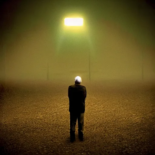 Image similar to the last living human on earth, disaster, gloomy, sad, dust filled air, dim orange and green light, photography.
