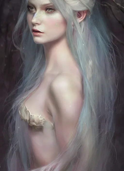 Image similar to pale, beautiful fairy spirit with long hair, pastels, fantasy, elegant, concept art, sharp focus, beautiful face!!, digital art, Hyper-realistic, 4K, Unreal Engine, Highly Detailed, HD, Dramatic Lighting, Beautiful, by Brom, trending on Artstation
