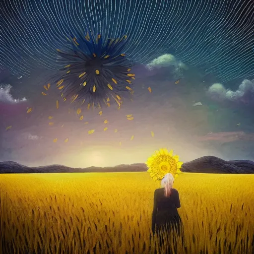 Prompt: giant black daisy flower as a head, girl walking in wheat field, hills, surreal photography, dark night, star trails, dramatic light, impressionist painting, clouds, digital painting, artstation, simon stalenhag