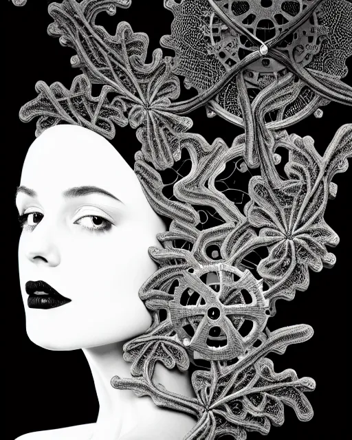 Prompt: black and white masterpiece profile portrait painting, dutch masters, silver lace floral steampunk biomechanical beautiful one techno eye young female cyborg, big monocular, volumetric light, leaves foliage and stems, hibiscus flowers, by cecile beaton, rim light, big gothic fashion pearl embroidered collar, 8 k