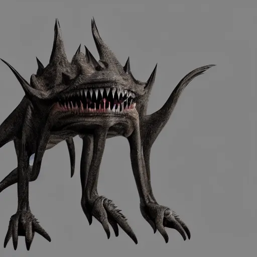 Prompt: creature in the darkness, claws, large long pointy teeth, drooling, cavern, low lighting, highly intricate, detailed