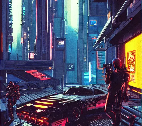 Image similar to a portrait of a cyberpunk epic Friday night firefight, Night City, cyberpunk 2077, very very coherent painting, 1979 OMNI Magazine Cover, street level neo-Tokyo in Cyberpunk 2045 style by Vincent Di Fate by mark arian by artgerm in the style of ((Gustave Dore)), 4k, 8k, HD, trending on artstation