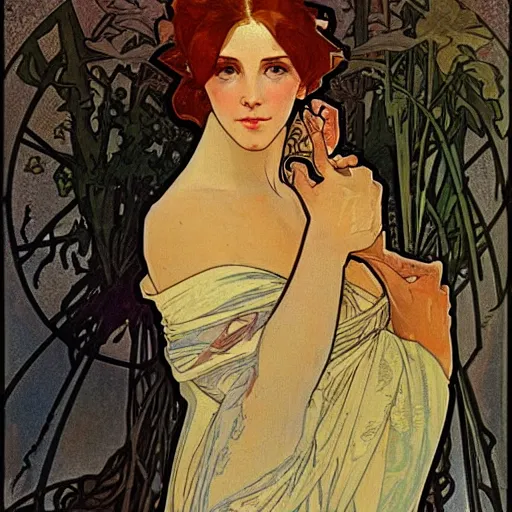 Prompt: beautiful portrait of triss merigold by alphonse mucha, very detailed, masterful