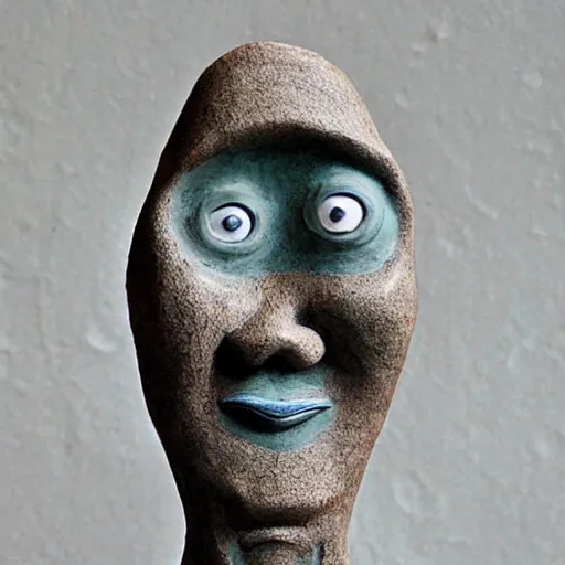 Image similar to anthropomorphic moon sculpture, man in the moon, ceramic, smiling moon, photograph, fine art, glazed ceramic, kitsch,