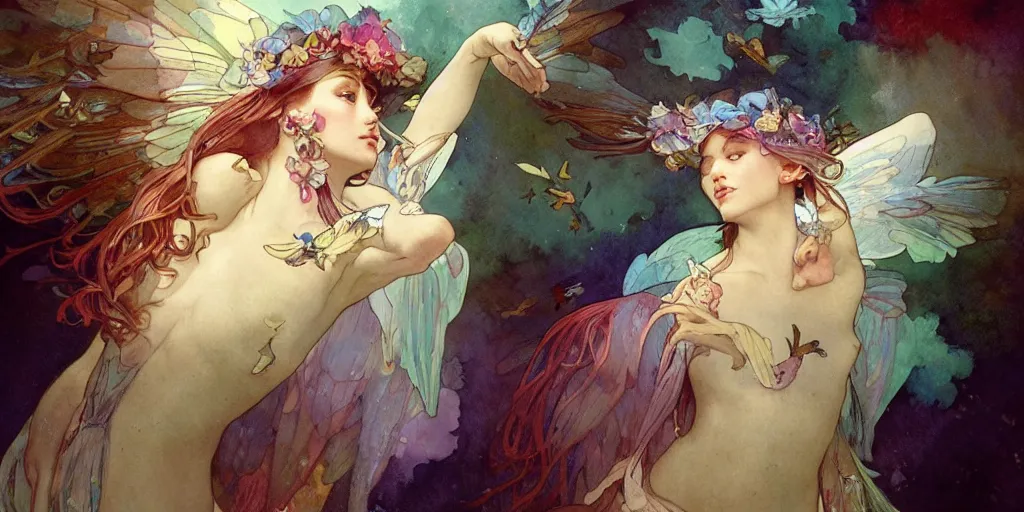 Prompt: a beautiful insanely intricate watercolor painting of a beatutyful fairy with birds, reflexions, colorfull, by william turner art, by greg rutkowski, by alphonse mucha, by james jean, by rossdraws, by frank franzzeta, by sakimichan, trending on artstation, insanely detailed, masterpiece,