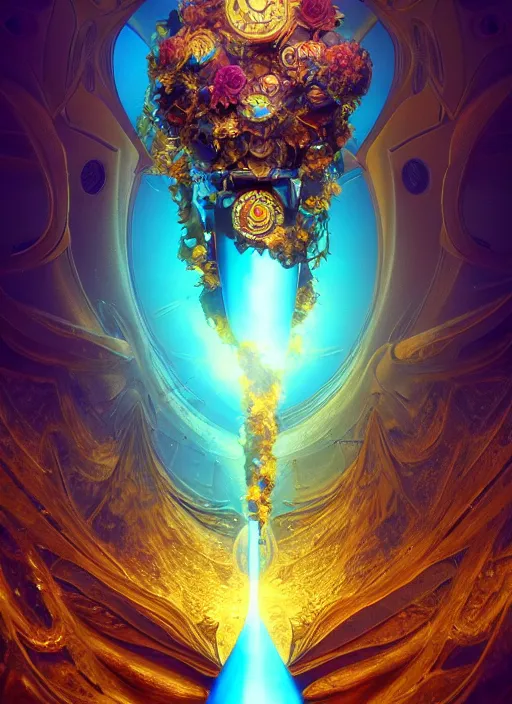 Image similar to flowers within the whole infinite capsule apparent with awe the apparition, an idea seep's into infinity highly detailed in volumetric latent space, golden turquoise steampunk, high contrast cinematic light, mystical shadows, sharp focus, divine realm of gods, octane render, artist by boris vallejo,