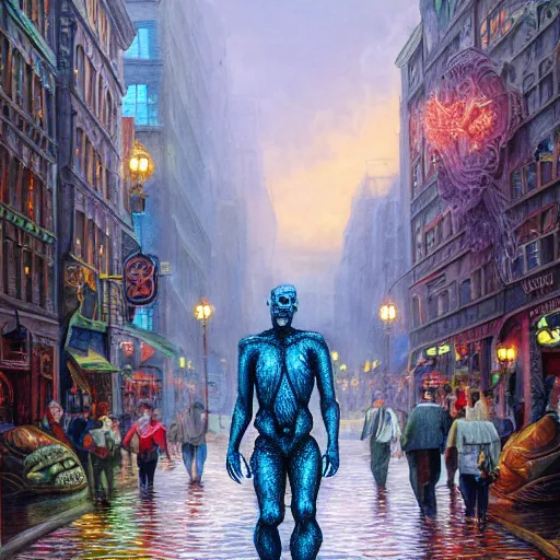 Prompt: humanoid fish man walks through the center of a city, extremely detailed oil painting, 1 9 2 0's colored pencil, highly detailed, highly accurate, deep aesthetic, 8 k, highly ornate intricate details, cinematic lighting, rich colors, beautiful scenic view, ray tracing, hyperrealistic, photorealistic, cinematic landscape, trending on artstation, concept art,