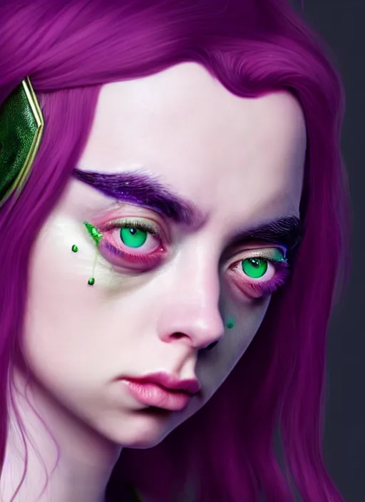 Image similar to Billie Eilish as Female Loki, beautiful facial symmetry, rose pink skin, very detailed, digital art, trending on artstation, smooth render, 8k octane render, digital illustration, by Katsuhiro Otomo and Shigeru Miyamoto and Ian Sprigger