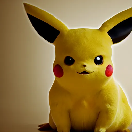 Prompt: a photo of a real - life pikachu, studio lighting, high detail, 4 k, title - shift, hyperrealism