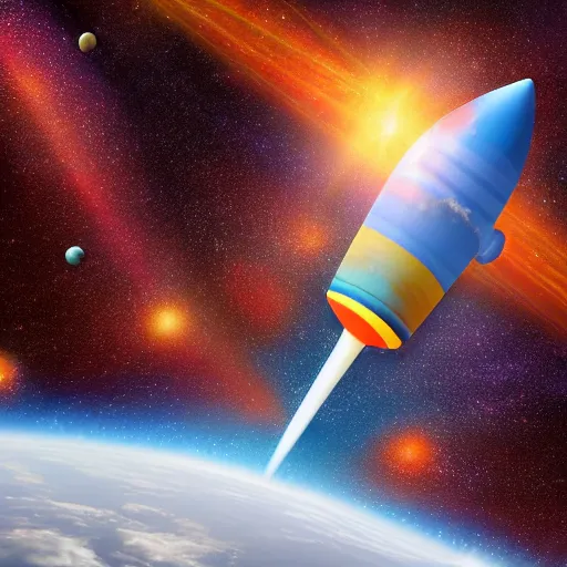 Image similar to Blue rocket with orange planet in background in space, photorealistic