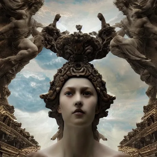 Prompt: A digital masterpiece illustration concept art of a fractured giant porcelain statue of a very beautiful Greek Goddess with its top in the heaven fixed with kintsugi, beautiful eyes, symmetrical face, symmetrical body, greek doric ionic corinthian fountain base, taiga landscape + inspired art by by WLOP + Extremely detailed and intricate complexity + epic composition, magical atmosphere, cinematic lighting + wide long shot, wide angle + trending on artstation + 8k