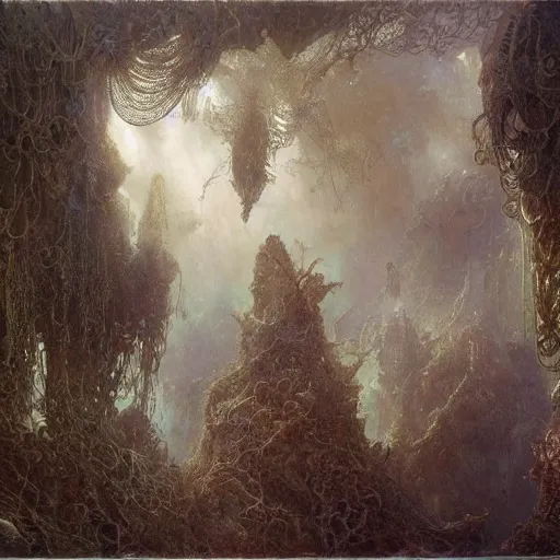 Image similar to Ellen Jewett, beautiful surreal palatial coral at dawn, gustave dore, ferdinand knab, Didier Barra