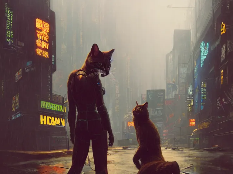 Image similar to new york city portrait of furry anthro anthropomorphic cat head animal person fursona wearing clothes strange cybernetic muzzle gloomy rainy screenshot from the video game cyberpunk 2077 digital art by Greg Rutkowski, Simon Stalenhag, christopher nolan trending on Artstation, CGSociety