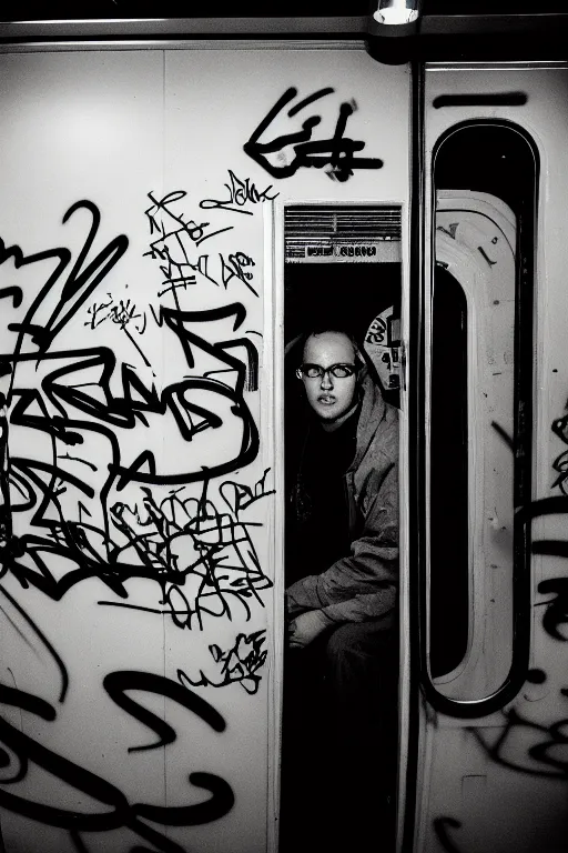 Image similar to subway cabin inside all in graffiti, man in stussy jacket closeup writing graffiti, night, film photography, exposed b & w photography, christopher morris photography