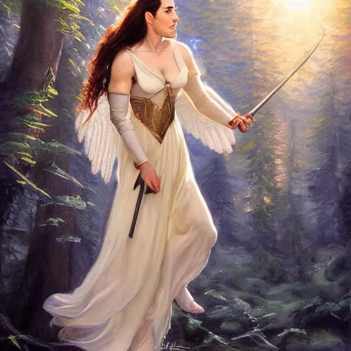 Prompt: A beautiful detailed painting of jennifer connelly as a female angel warrior, floating in a magical forest, ray traced sun light, by john sargent and Kalin Popov , Trending on artstation HD.