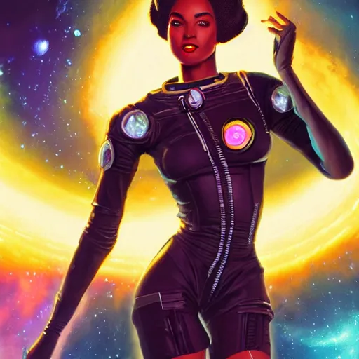 Image similar to beautiful black female cyberpunk astronaut in a 1 9 5 0's pinup art, cinematic composition, award winning art, octane render, exploding nebulae, outer space, artwork by norman rockwell