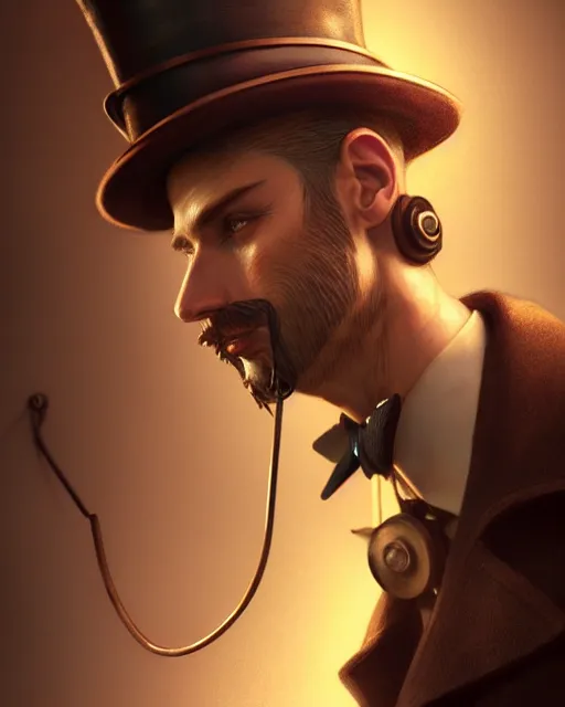 Prompt: steampunk male portrait, handsome, steampunk hat, detective coat, steampunk monocle, hyper realistic 3 d render by ilya kuvshinov, peter mohrbacher, greg rutkowski, ryohei hase, dramatic lighting, intricate, highly detailed, sharp focus, luminous, unreal engine, blender, artstation, masterpiece, ray tracing