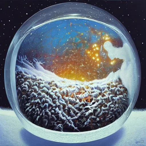 Prompt: “ depiction of the beginning of the universe inside a snow globe, surreal, award winning, highly detailed, style by mark rogers, paul bonner, oil on canvas. ”