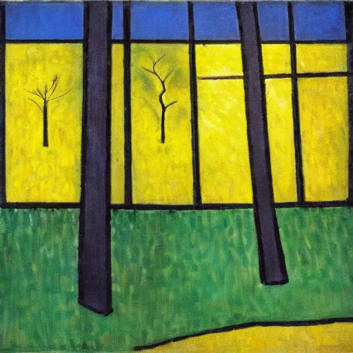 Image similar to a painting of trees with a yellow background, an art deco painting by mondrian, featured on pixiv, synthetism, fauvism, creative commons attribution, academic art