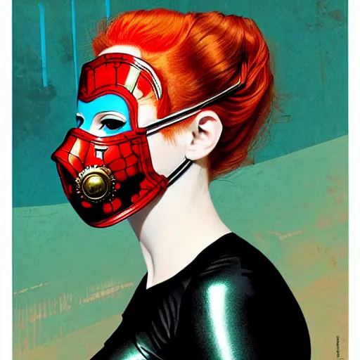 Image similar to portrait of red head woman with a diver mask :: side profile :: in ocean :: guns and bullets :: metallic clockwork details :: gold and petals pattern :: blood and horror :: by marvel and Sandra Chevrier