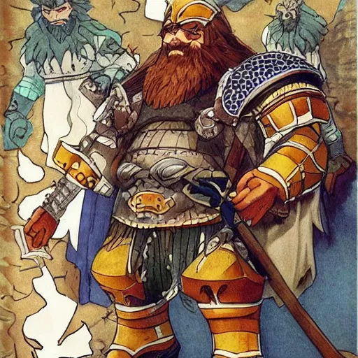 Image similar to gimli the dwarf an 80\'s anime world, wearing armor, incredibly detailed, ultra realistic, satoshi kon