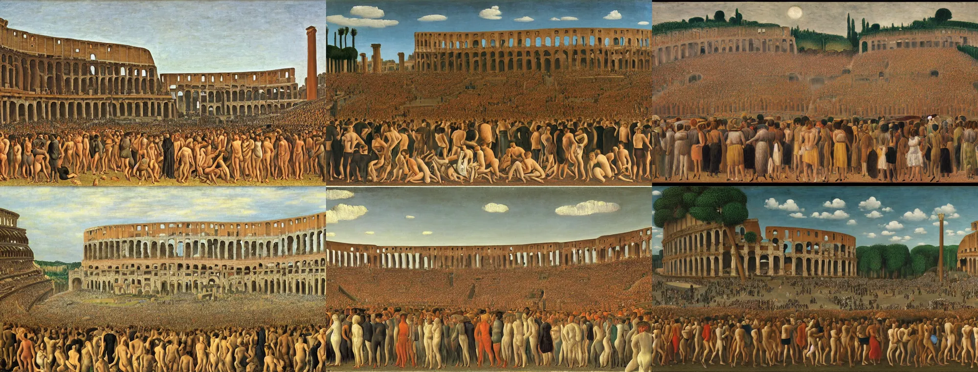 Prompt: wide view of roman colosseum crowd in a fervor, impressionistic, by henri rousseau