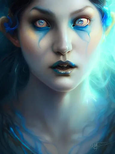 Image similar to dark sorceress with blue skin by james jean, charlie bowater, tom bagshaw, nikolay makovsky, melanie delon : : enchanting, ethereal, magical, glowing, sparkle, prismatic, portrait, character design, illustration, hyperrealism, photorealism, digital art, concept art, dark fantasy, whimsy, weta, wlop, artstation