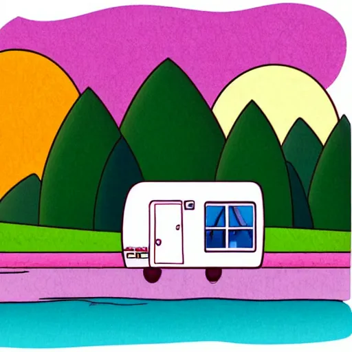 Prompt: beautiful cute cozy very little rv by the water, sunset, puffy cute clouds, cute simple cartoon, vector, white background, watercolor, 4 colors!!!