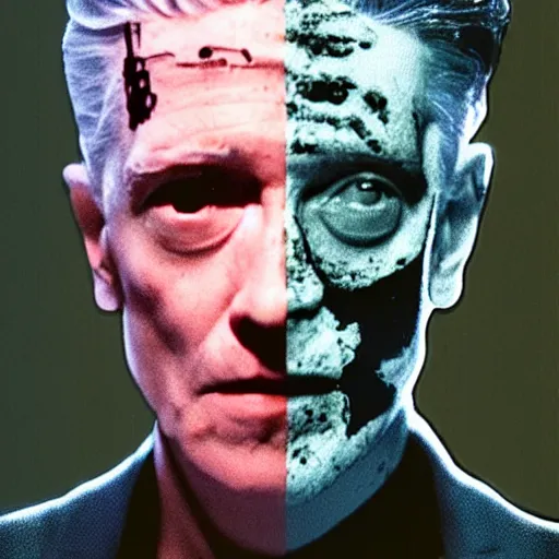 Prompt: The man with robot head, movie by David Lynch and David Cronenberg