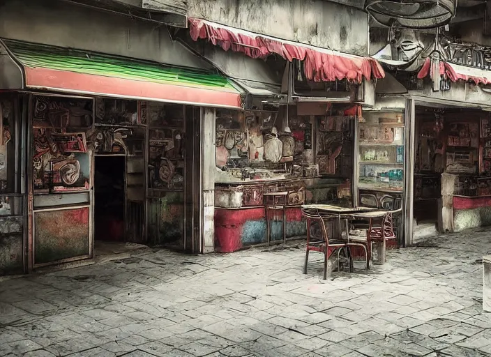 Image similar to time and war have destroyed any recognizable features of this forgotten shrine of easily - accessible food. pastel - colored plastics litter the building, and the skitter of creatures that are new to this world can be heard in the shadows of the restaurant by inceoglu ismail