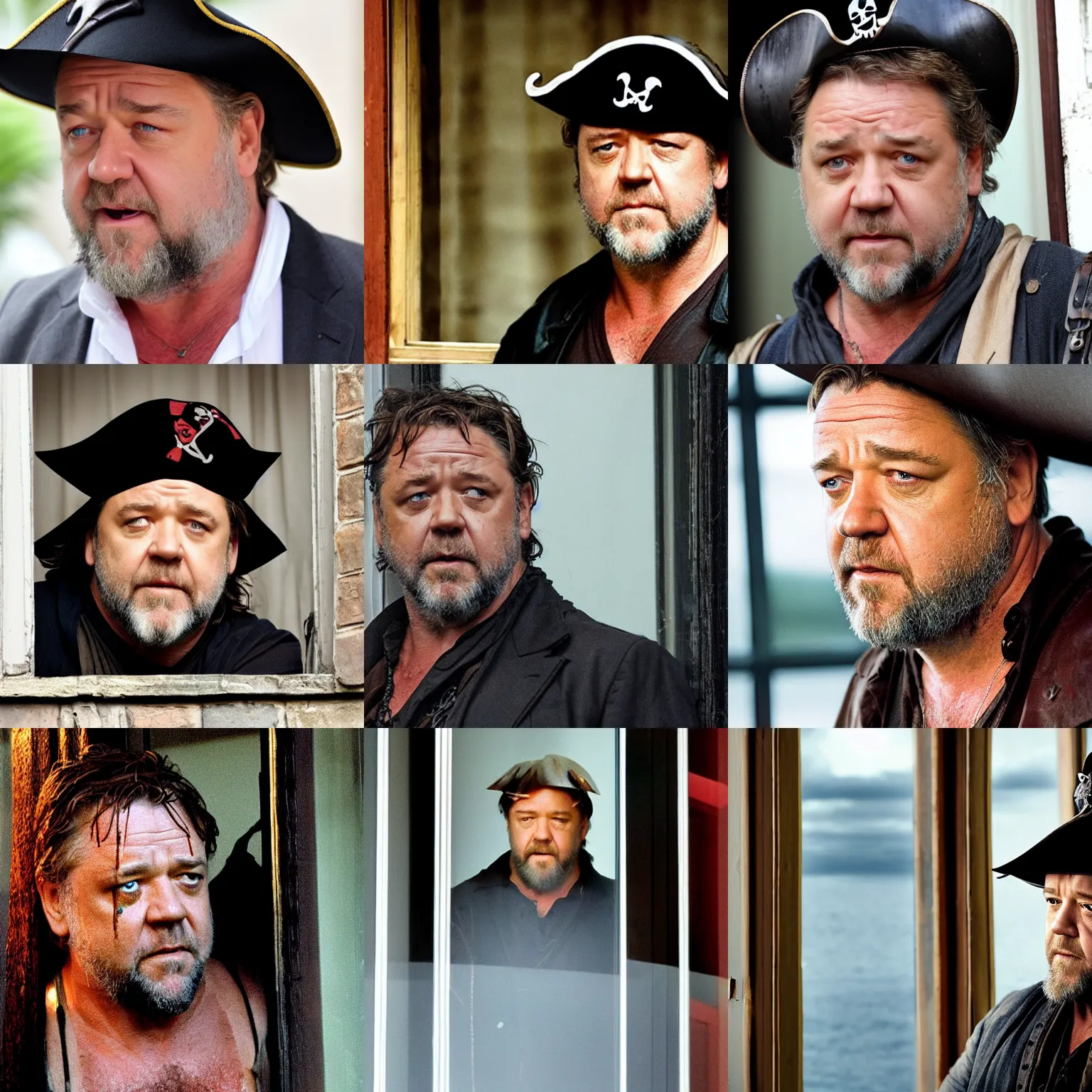 Prompt: russell crowe behind a window wearing a pirate hat staring out towards camera