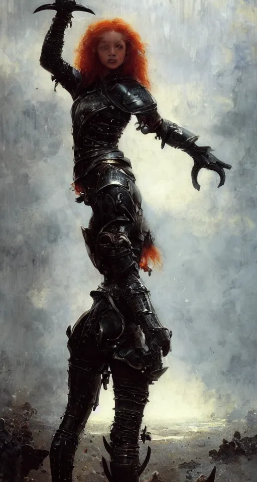 Image similar to short muscular redhead young woman wearing black medieval armour, bare legs, detailed, by gaston bussiere, bayard wu, greg rutkowski, giger, maxim verehin, greg rutkowski, masterpiece, sharp focus, cinematic lightning