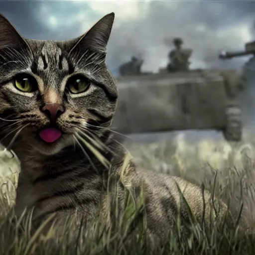 Prompt: cat in battlefield