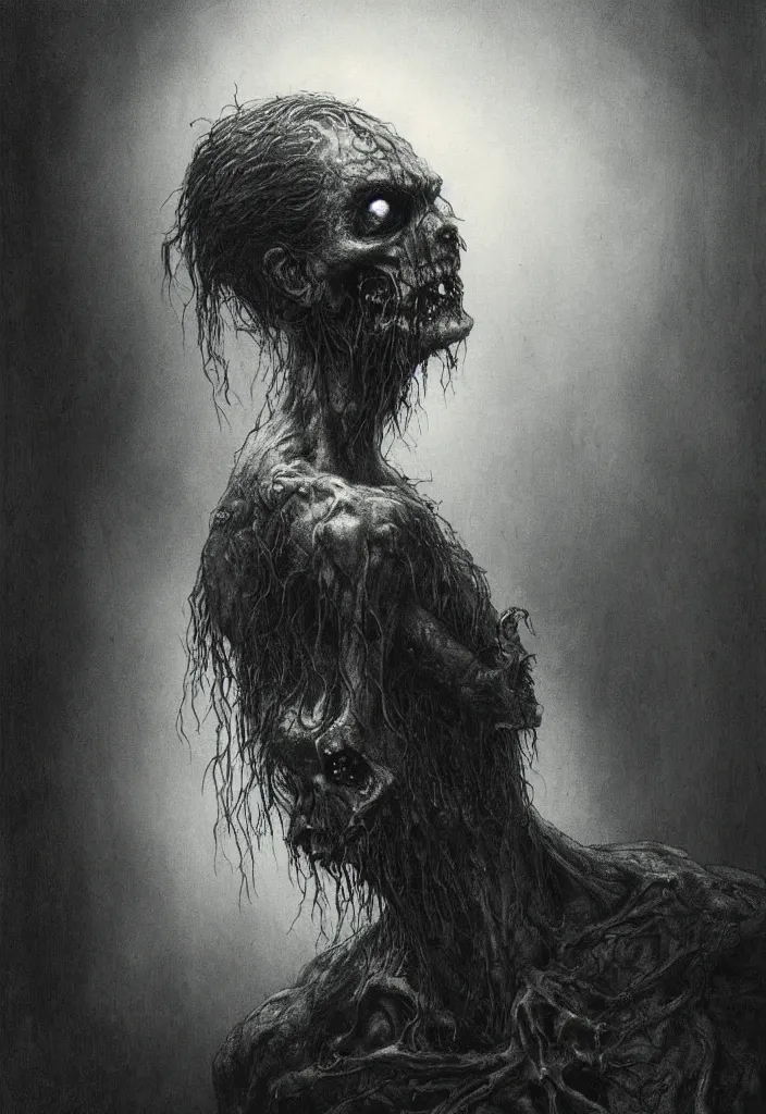 Image similar to profile portrait of a zombie, creepy atmosphere, dark, portrait, very realistic, illustration by gustave dore