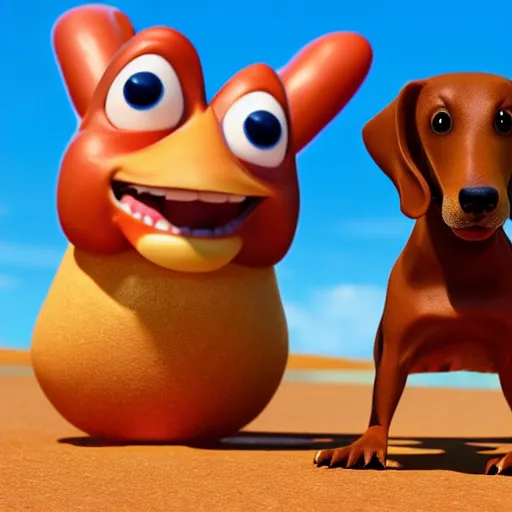 Prompt: giant hot dog with daschund dog inside detailed 4k pixar 3d render